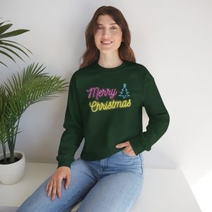 Merry Christmas Neon Sign Sweatshirt, Fun Holiday Xmas Jumper, Great Gift Idea for All Ages, Festive Crewneck Pullover, Winter Season Shirt
