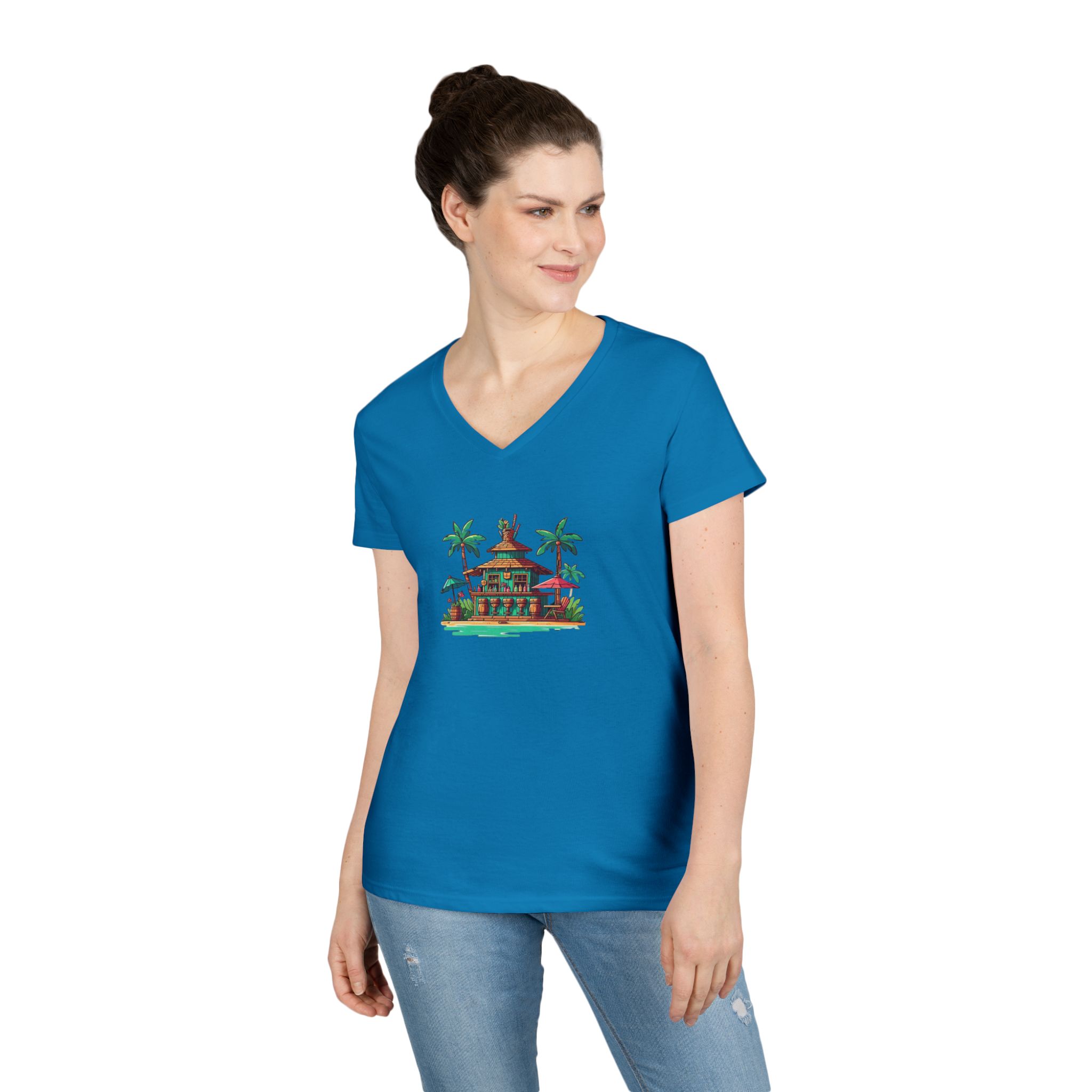 Fun Tiki Ladies' V-Neck T-Shirt - Summer Vibes Tee, Beach Shirt, Hawaiian Top, Vacation Clothing, Luau Party Apparel - Image 9