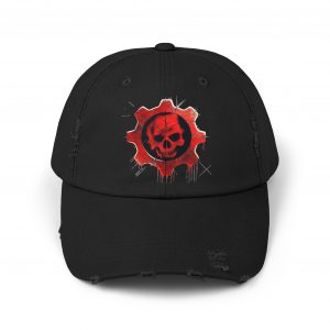 Distressed Cap with Battle-Worn Crimson Omen Skull Design GoW E-Day