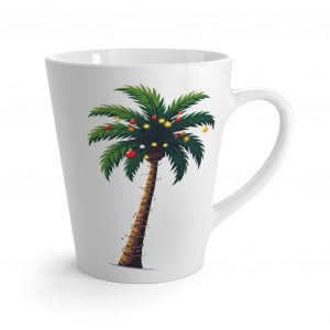Latte Mug, Palm Tree Christmas Tree with Lights and Decorations, Tropical Christmas Gift, Holiday Coffee Cup, Festive Drinkware, Christmas
