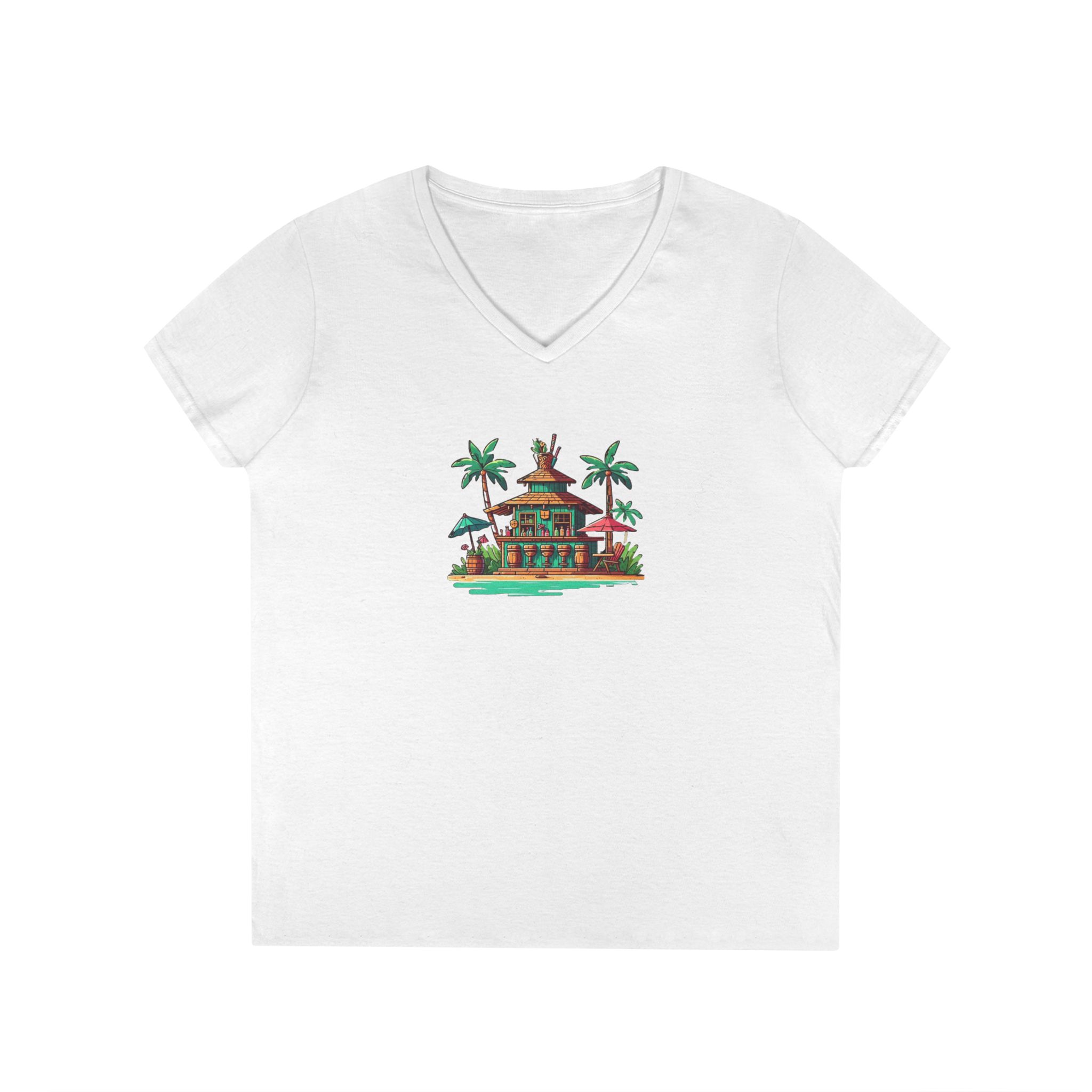 Fun Tiki Ladies' V-Neck T-Shirt - Summer Vibes Tee, Beach Shirt, Hawaiian Top, Vacation Clothing, Luau Party Apparel