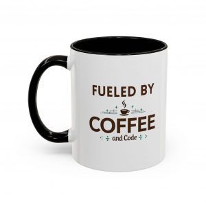 Fueled by Coffee and Code mug, fun colors, programmer humor, funny coffee cup