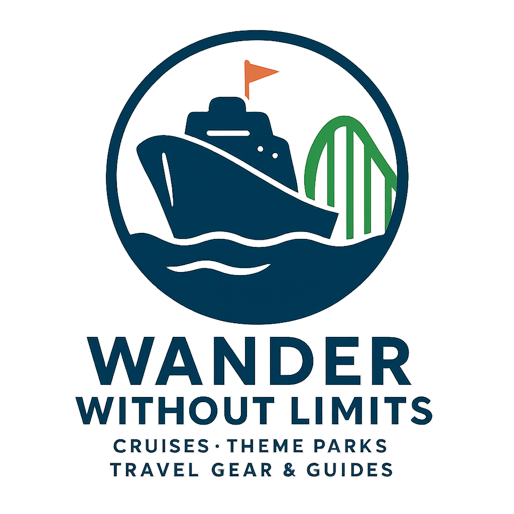 Wander Without Limits logo, cruise ship and roller coaster.